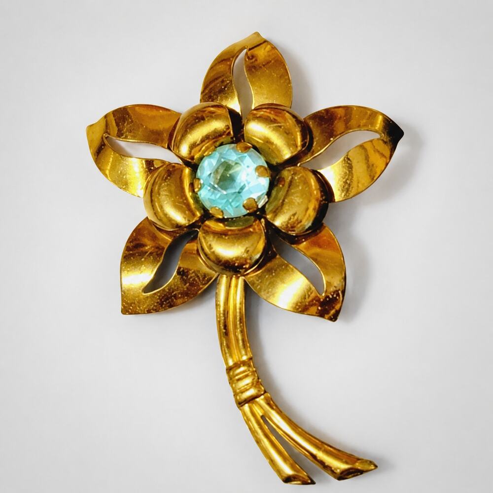 Vintage Aqua Lucite Flower‎ Brooch Pin Brass Tone Gold Retro 3" Large fb1-102